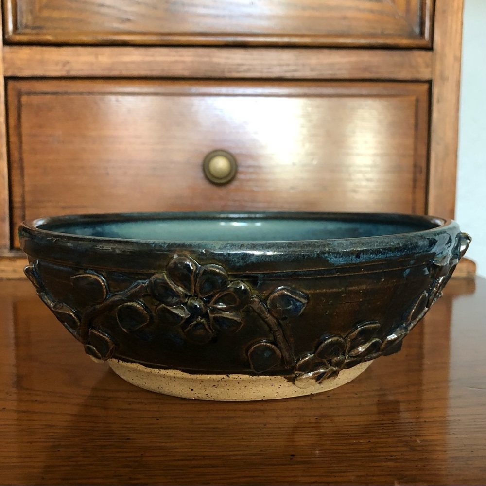 Ashbrook studio pottery bowl with 3D floral design blue/brown multi glaze color.